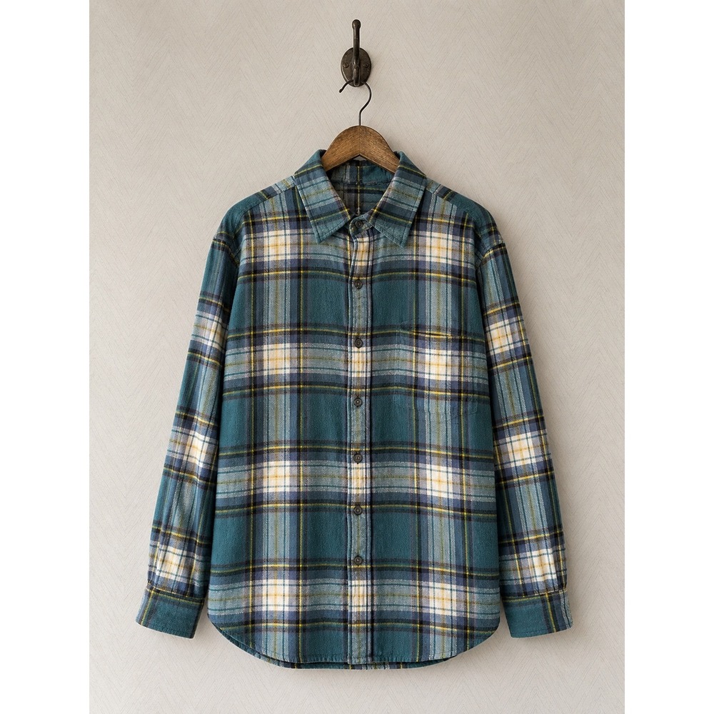 American Eagle Flannel Shirt Plaid Boyfriend Fit Teal Blue Yellow Size M‎